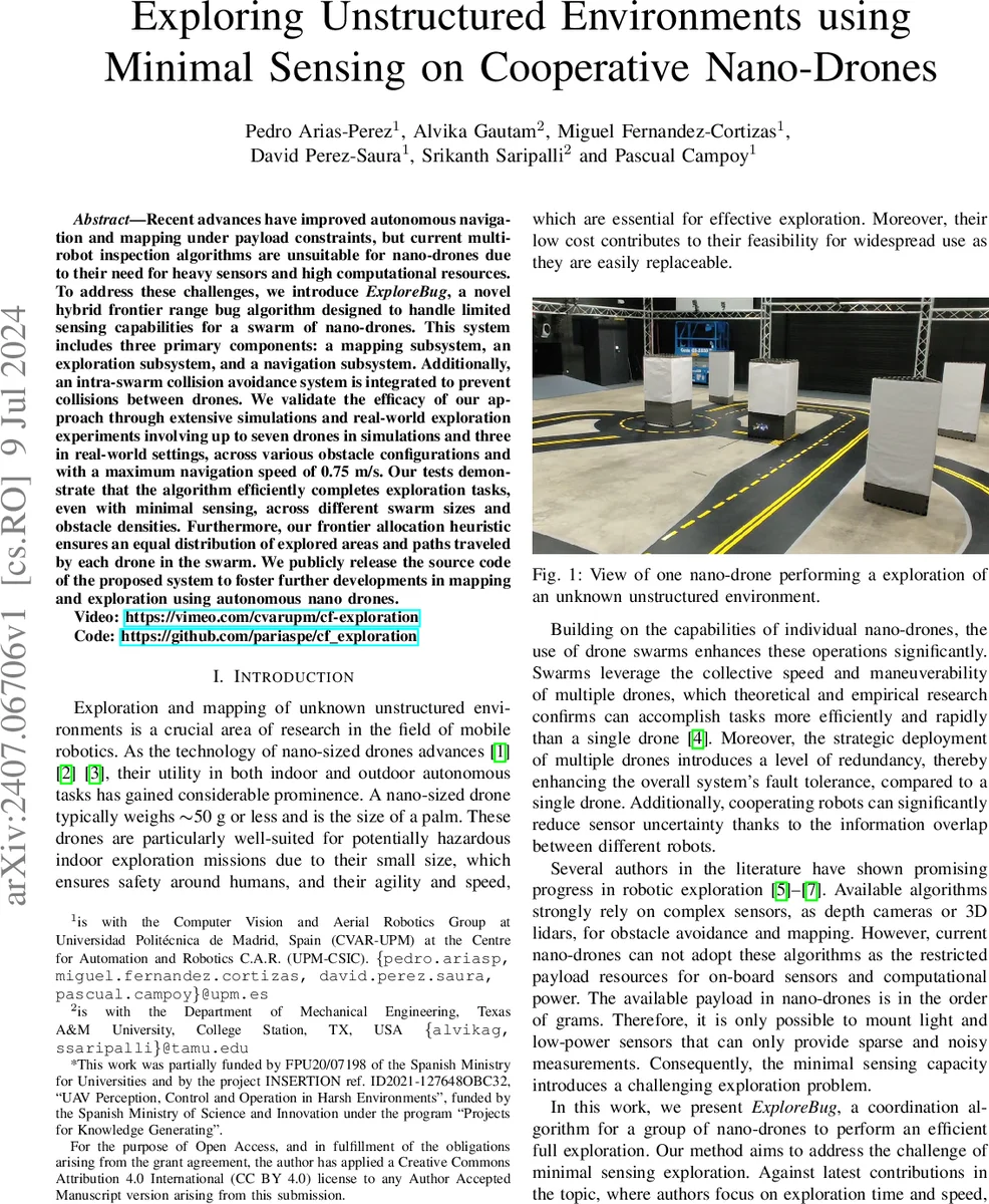 Exploring Unstructured Environments using Minimal Sensing on Cooperative Nano-Drones