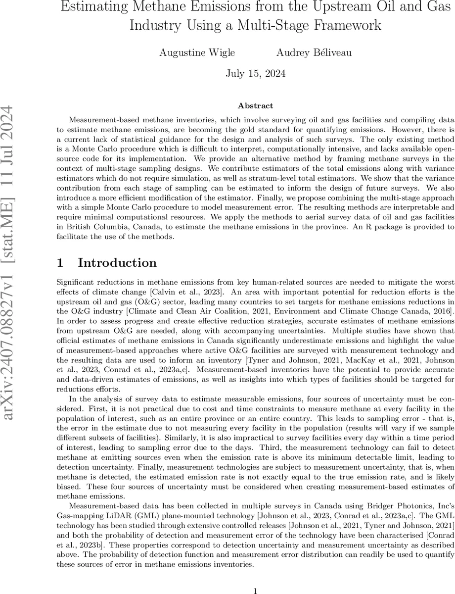Estimating Methane Emissions from the Upstream Oil and Gas Industry Using a Multi-Stage Framework