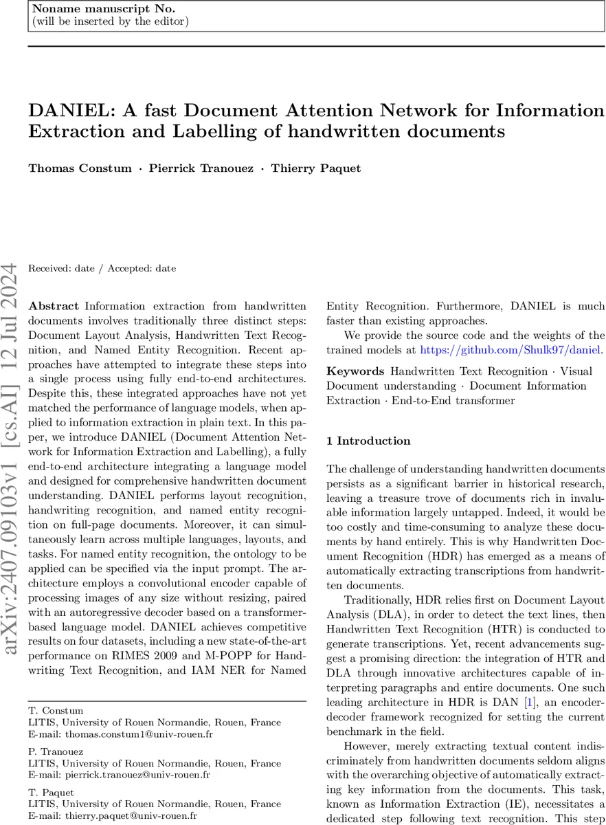 DANIEL: A fast Document Attention Network for Information Extraction and Labelling of handwritten documents