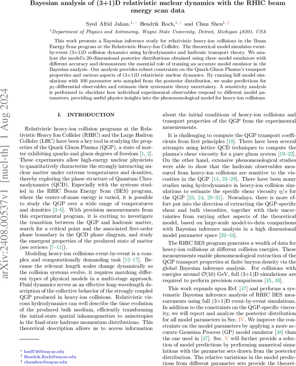 Bayesian analysis of (3+1)D relativistic nuclear dynamics with the RHIC beam energy scan data