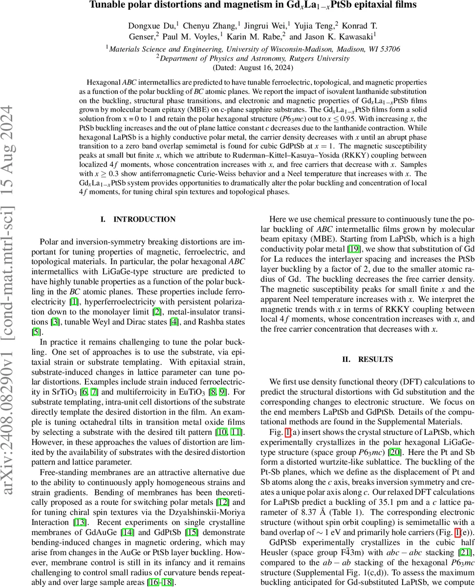 Tunable polar distortions and magnetism in Gd$_x$La$_{1-x}$PtSb epitaxial films