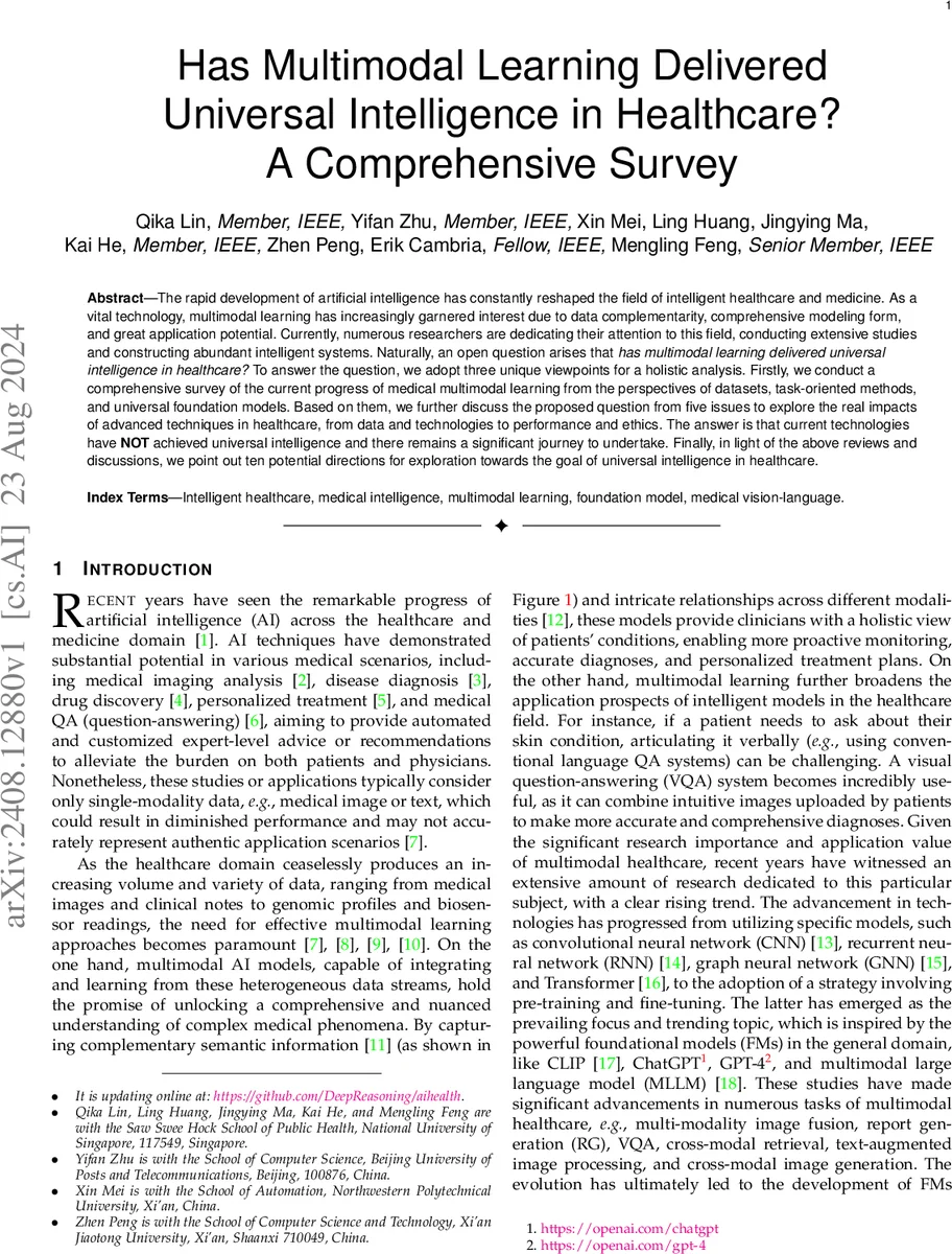Has Multimodal Learning Delivered Universal Intelligence in Healthcare? A Comprehensive Survey