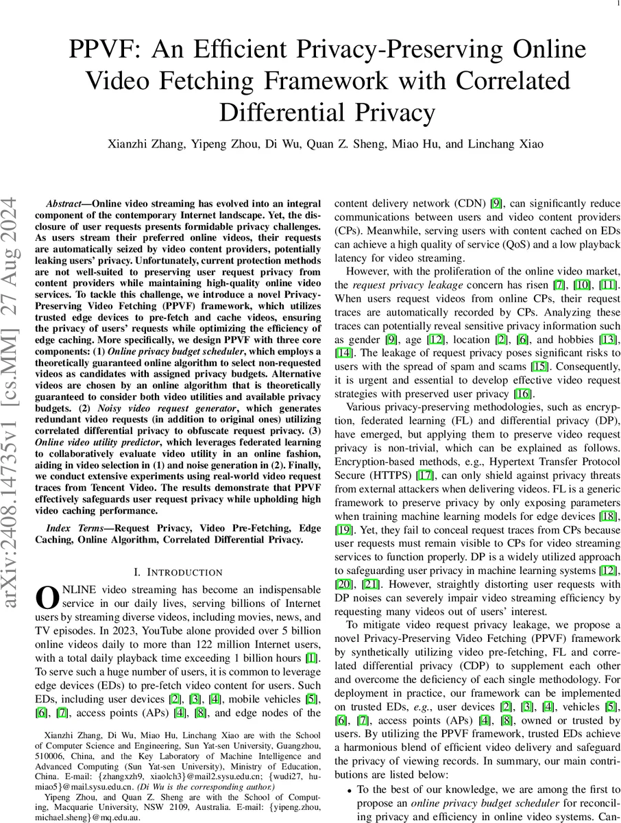 PPVF: An Efficient Privacy-Preserving Online Video Fetching Framework with Correlated Differential Privacy