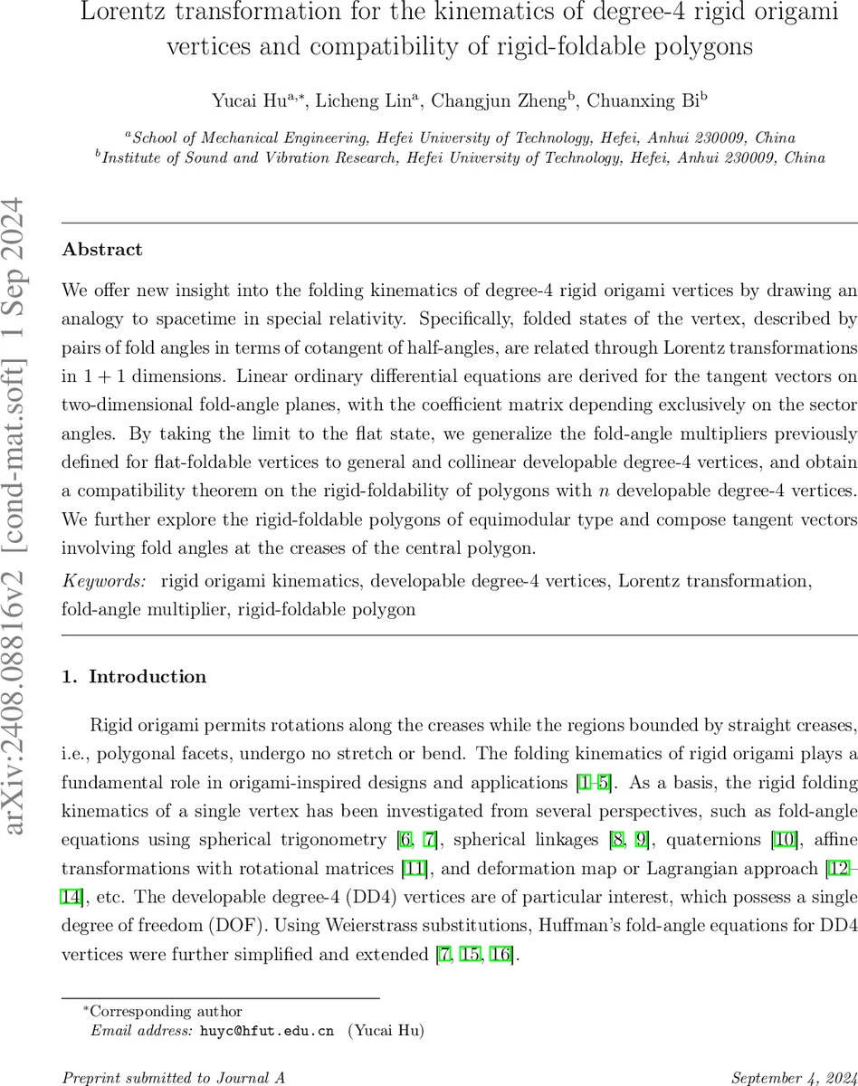 Lorentz transformation for the kinematics of degree-4 rigid origami vertices and compatibility of rigid-foldable polygons