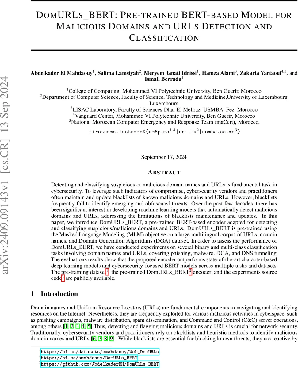DomURLs_BERT: Pre-trained BERT-based Model for Malicious Domains and URLs Detection and Classification