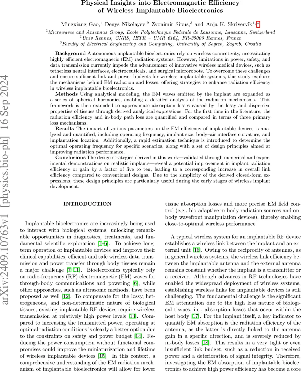 Physical Insights into Electromagnetic Efficiency of Wireless Implantable Bioelectronics