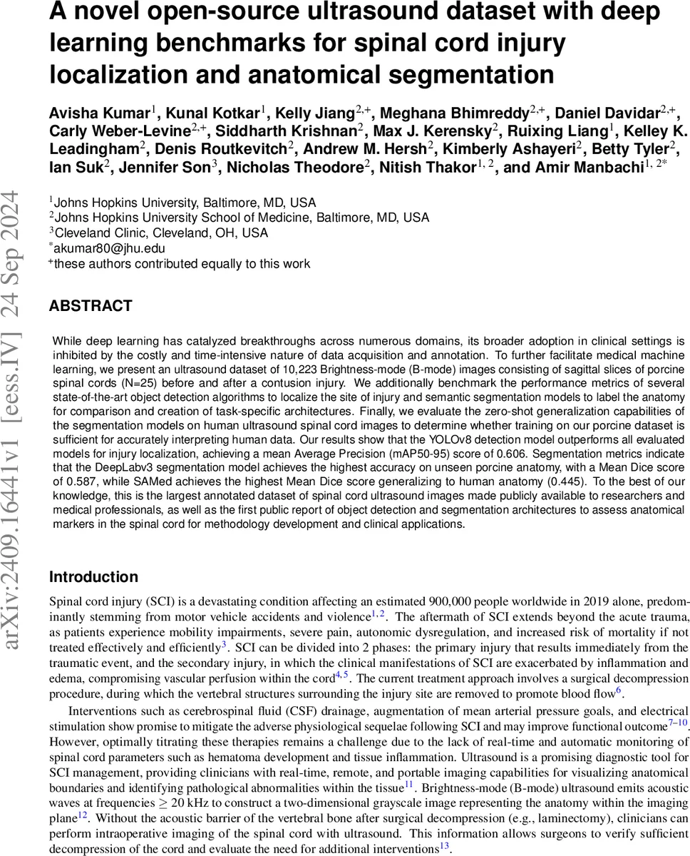 A novel open-source ultrasound dataset with deep learning benchmarks for spinal cord injury localization and anatomical segmentation