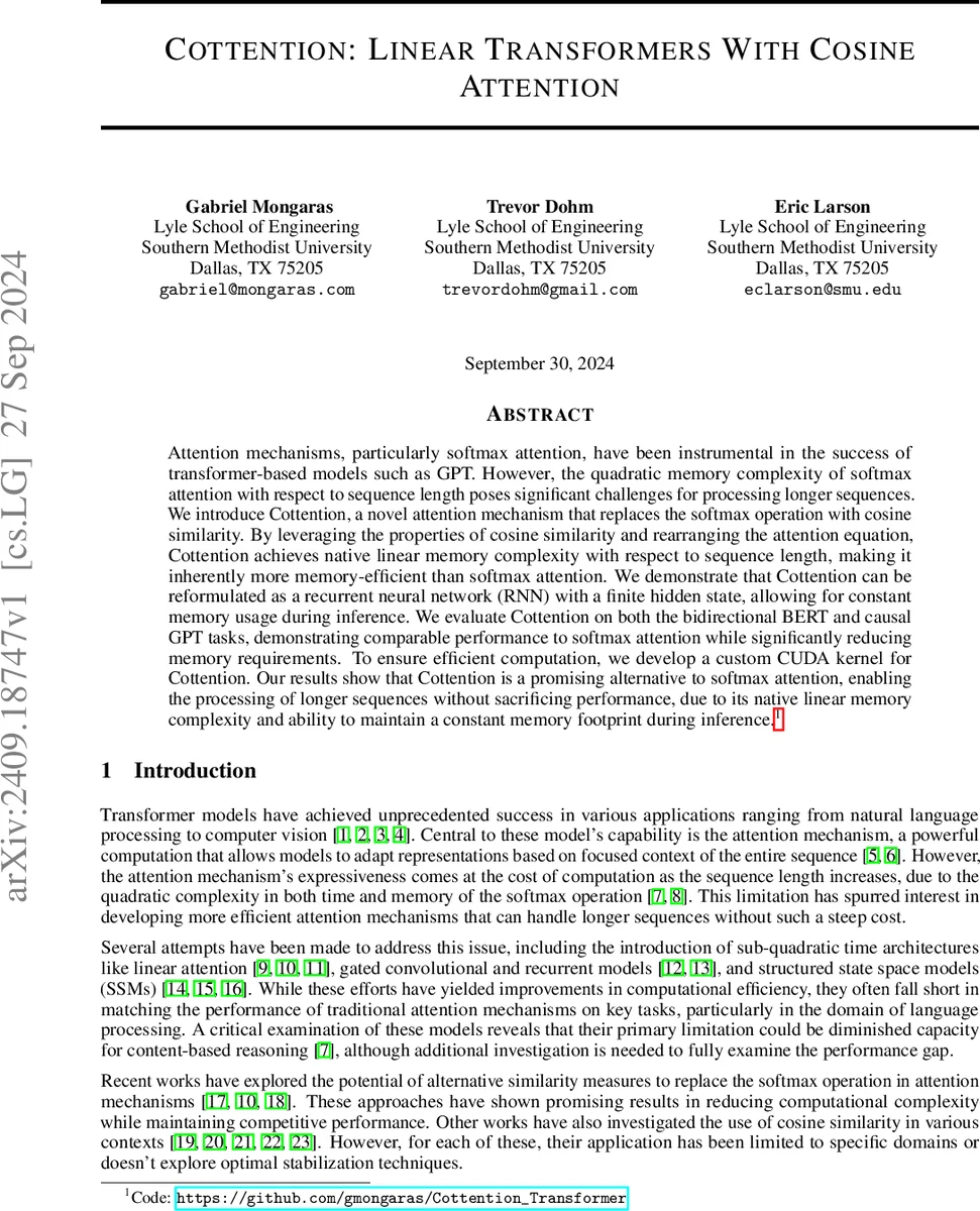 Cottention: Linear Transformers With Cosine Attention