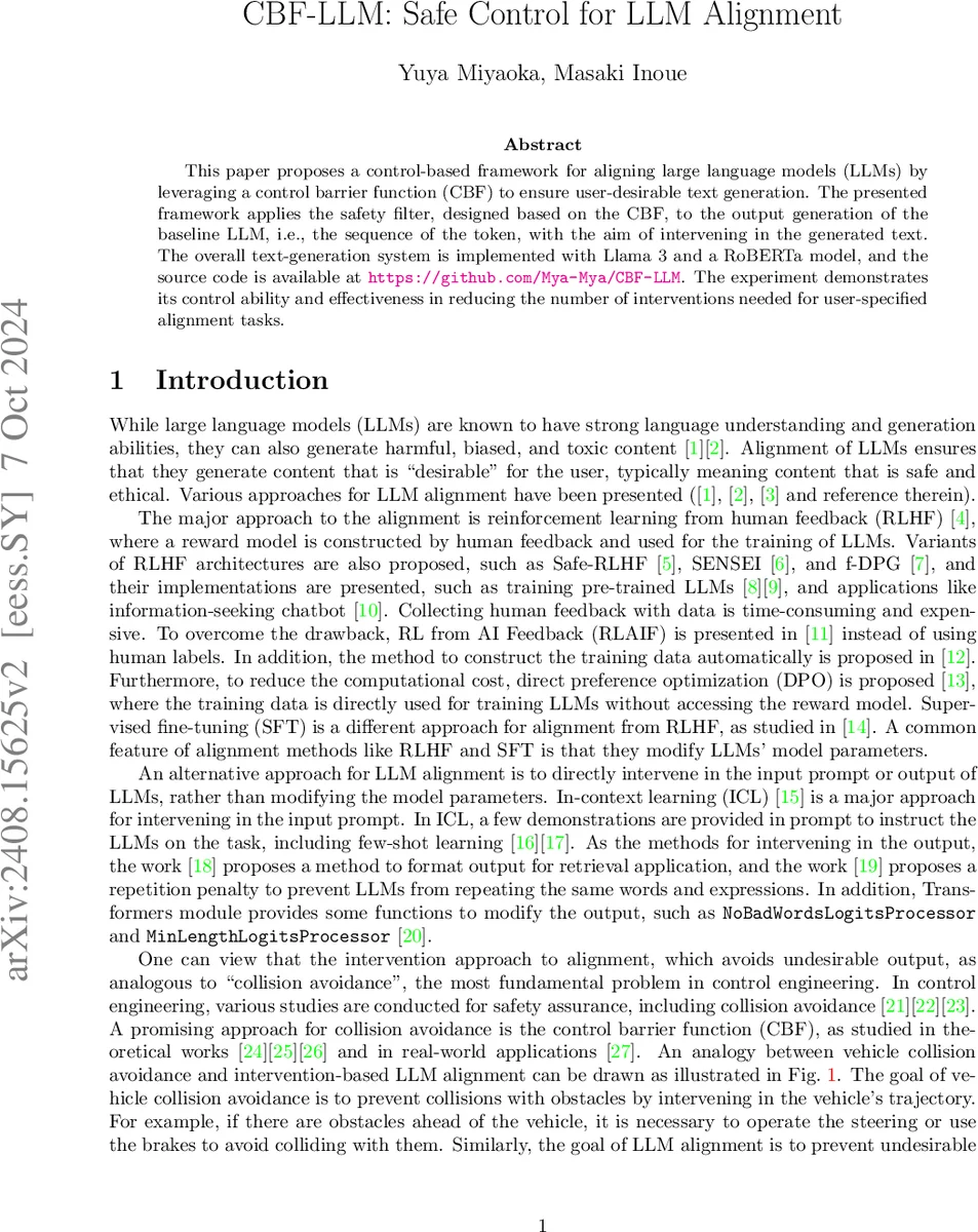 CBF-LLM: Safe Control for LLM Alignment