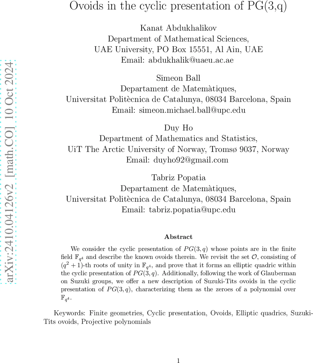Ovoids in the cyclic presentation of PG(3,q)