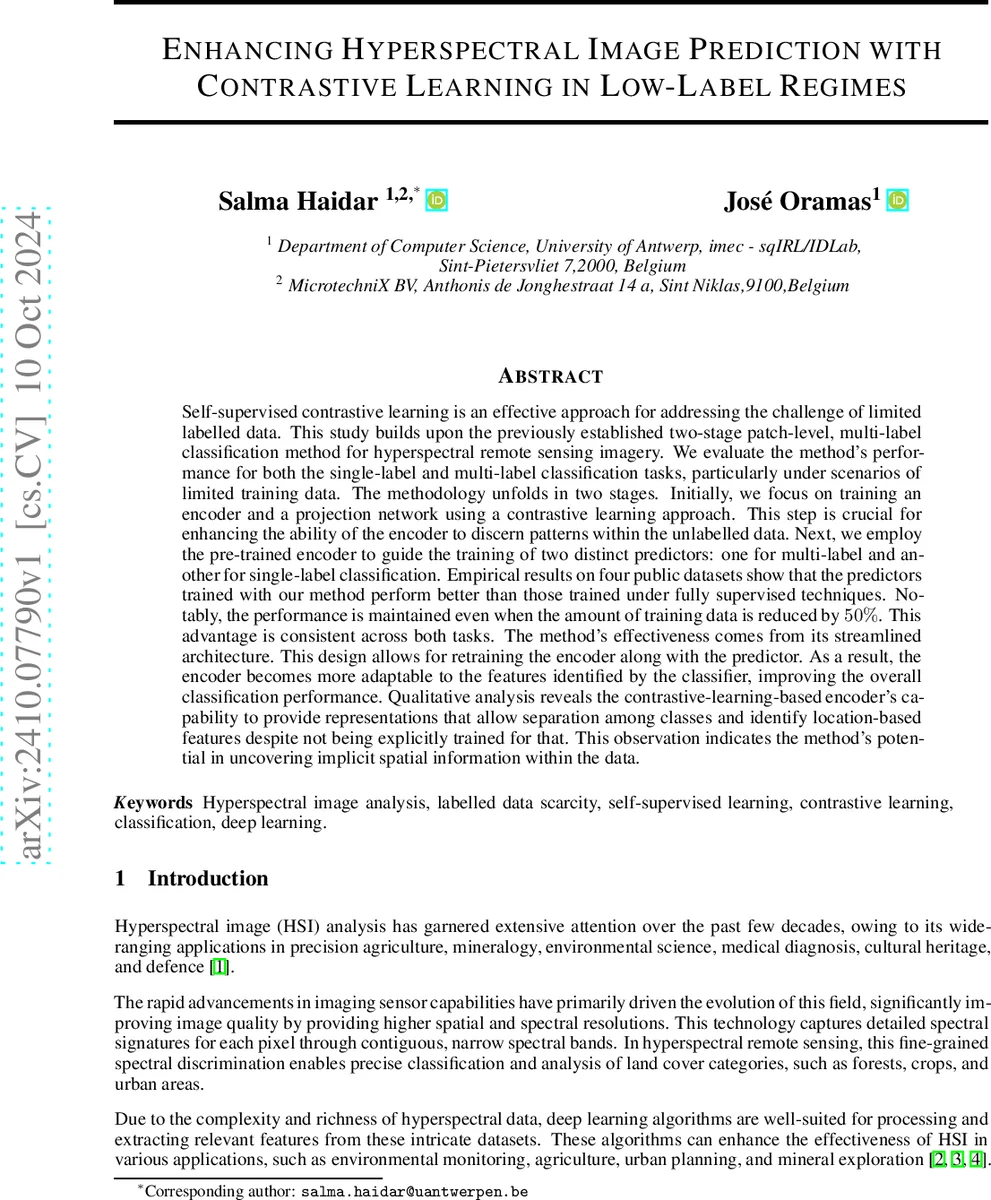 Enhancing Hyperspectral Image Prediction with Contrastive Learning in Low-Label Regime