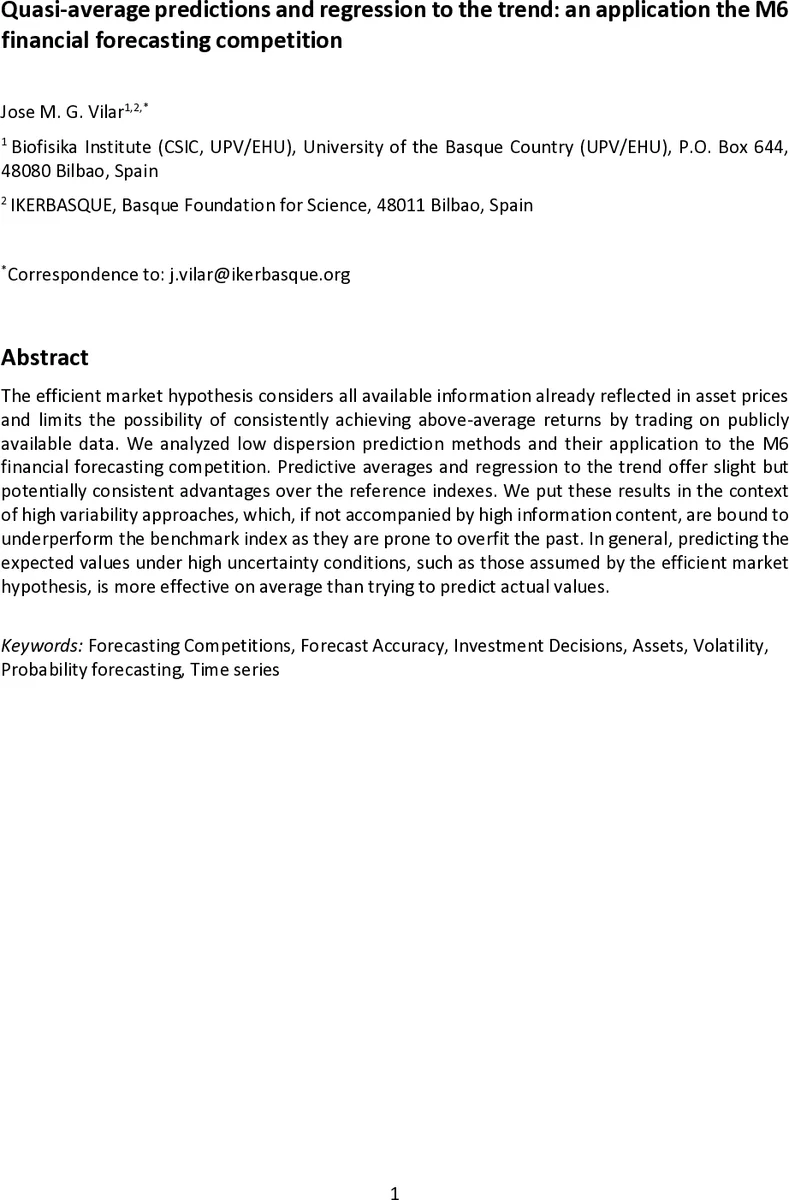 Quasi-average predictions and regression to the trend: an application the M6 financial forecasting competition