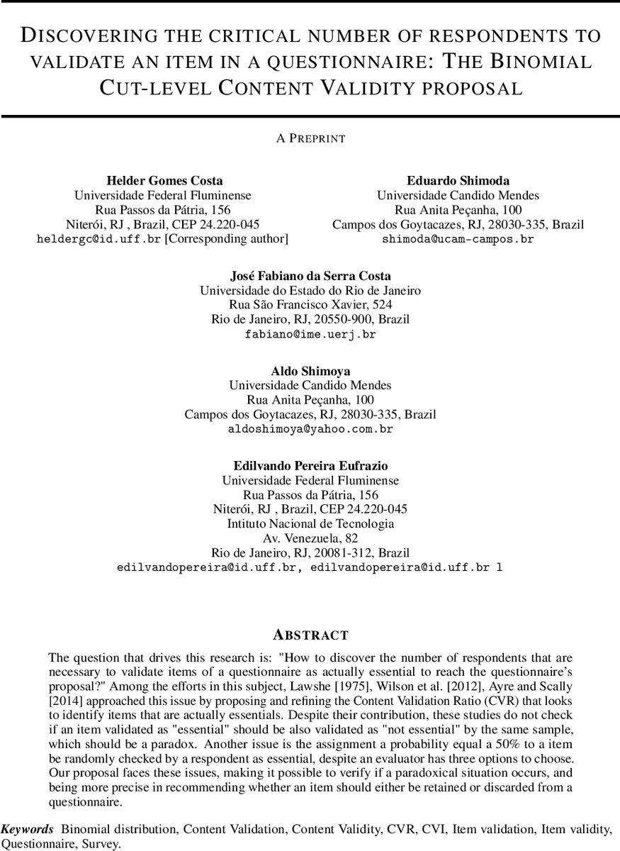 Discovering the critical number of respondents to validate an item in a questionnaire: The Binomial Cut-level Content Validity proposal