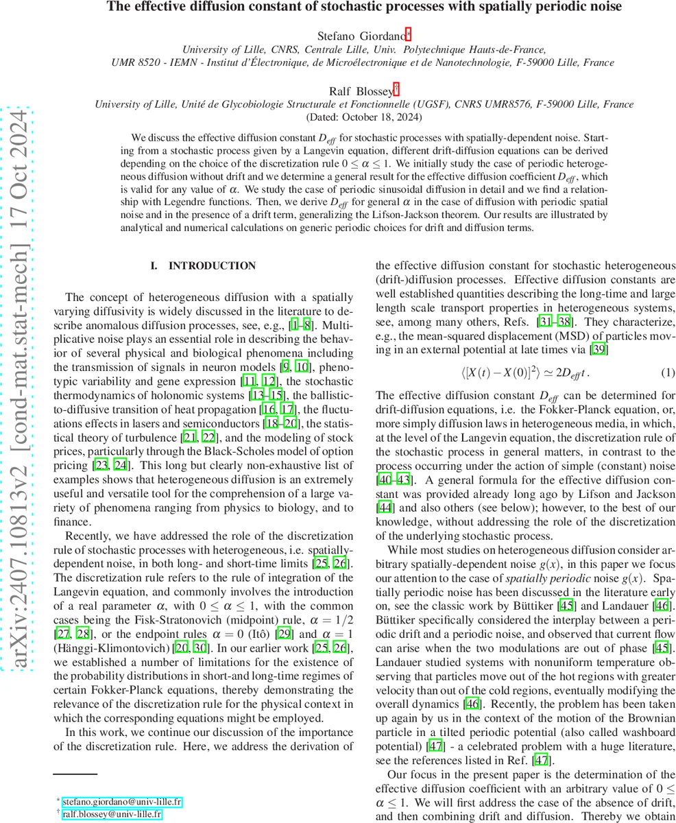 The effective diffusion constant of stochastic processes with spatially periodic noise