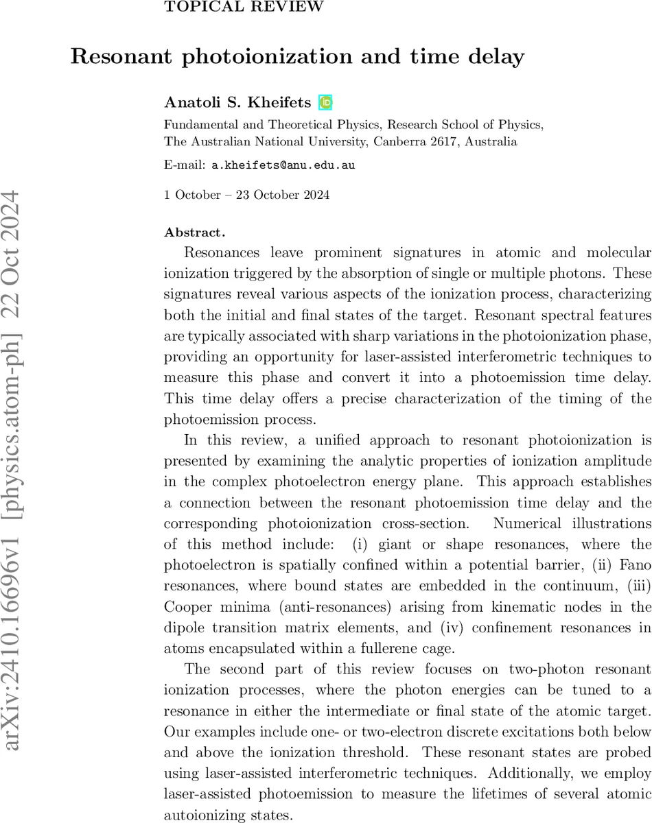 Resonant photoionization and time delay