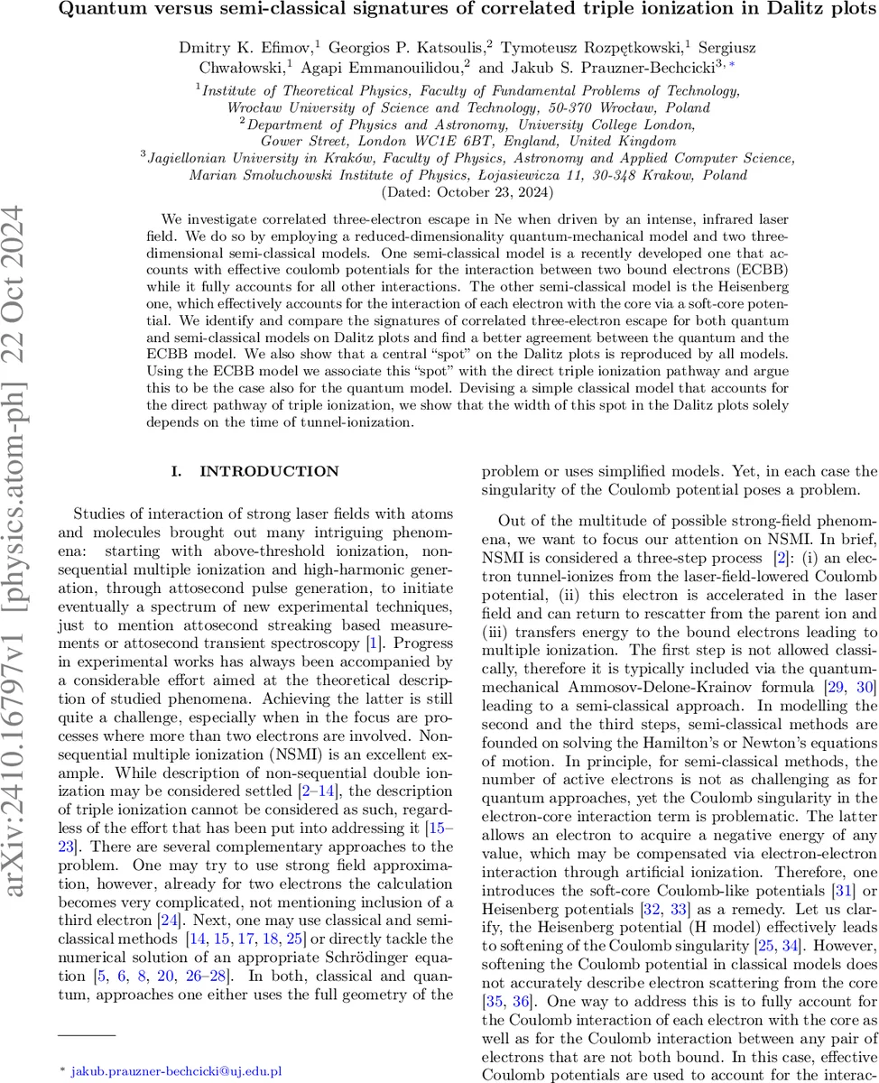 Quantum versus semi-classical signatures of correlated triple ionization in Dalitz plots