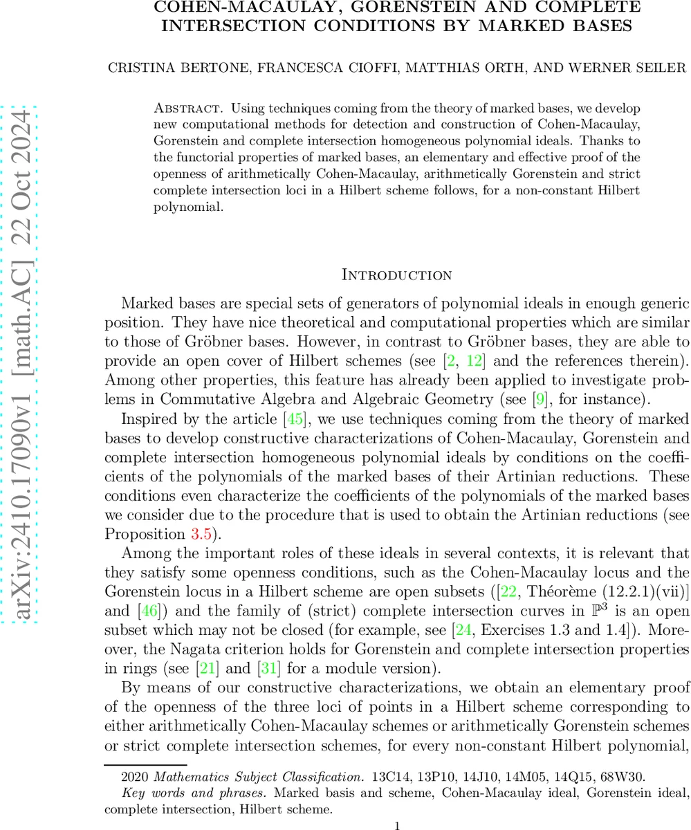 Cohen-Macaulay, Gorenstein and complete intersection conditions by marked bases
