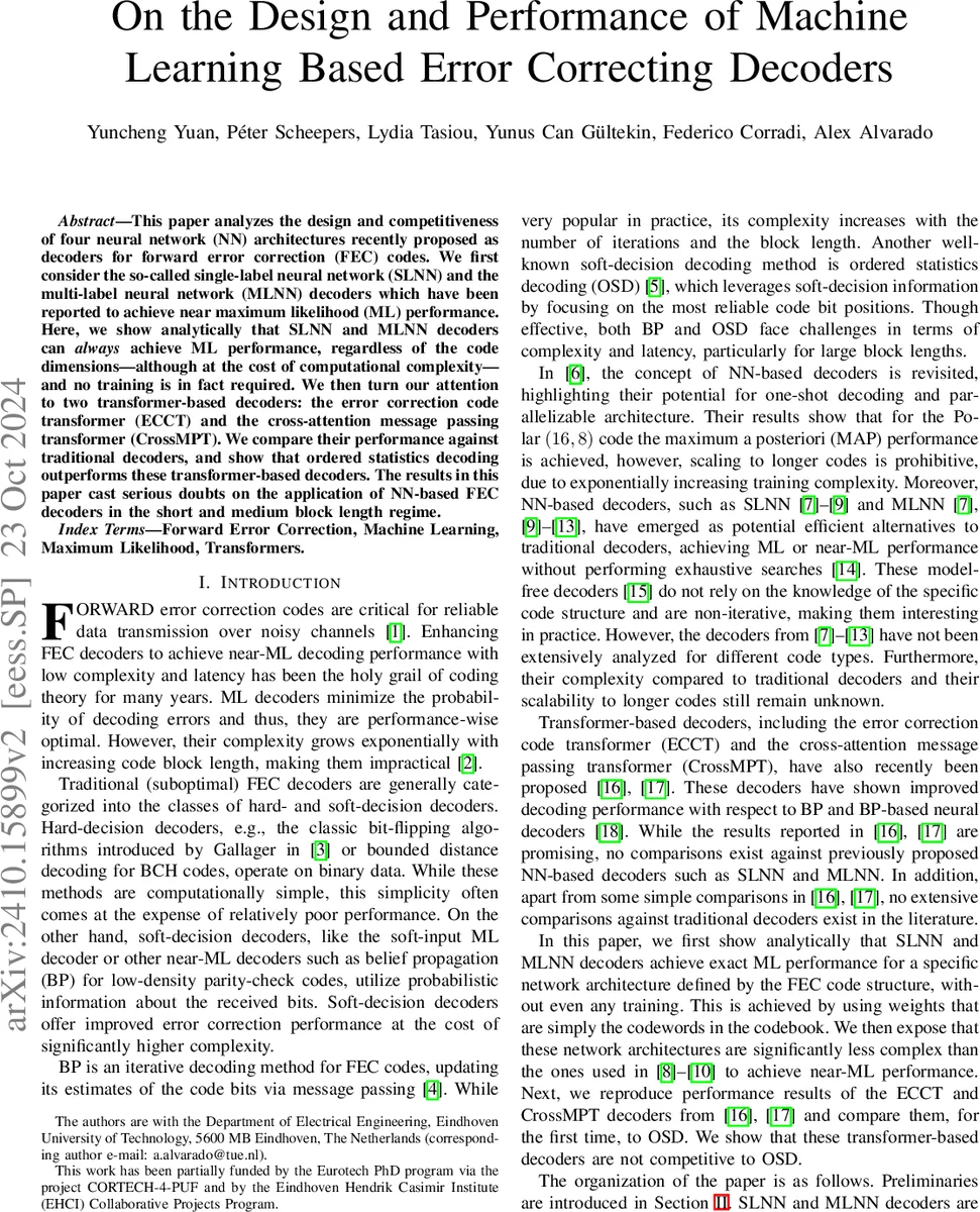 On the Design and Performance of Machine Learning Based Error Correcting Decoders