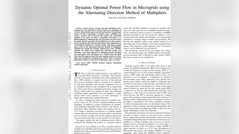 Dynamic Optimal Power Flow in Microgrids using the Alternating Direction   Method of Multipliers