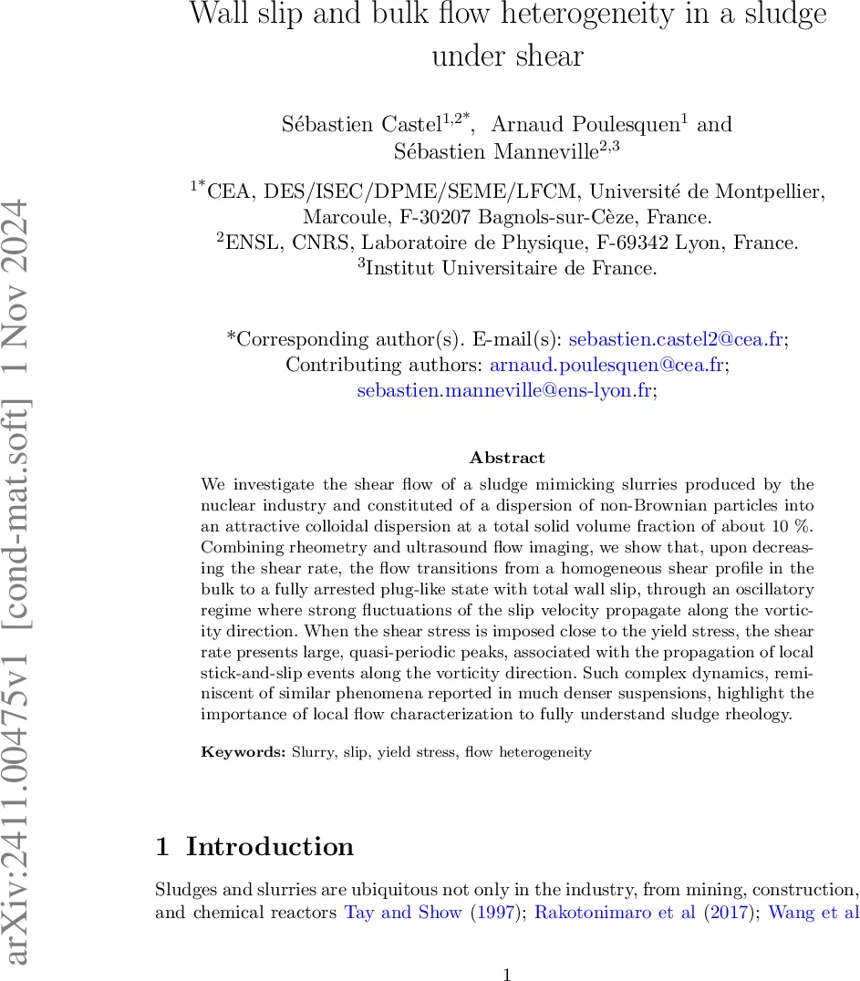 Wall slip and bulk flow heterogeneity in a sludge under shear