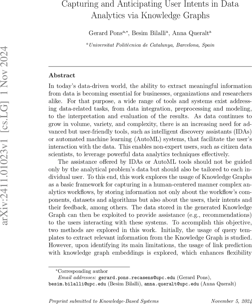 Capturing and Anticipating User Intents in Data Analytics via Knowledge Graphs