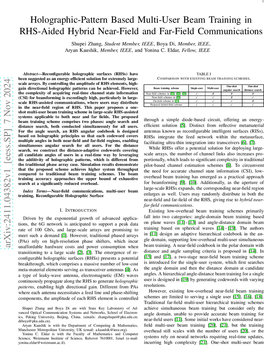 Holographic-Pattern Based Multi-User Beam Training in RHS-Aided Hybrid Near-Field and Far-Field Communications