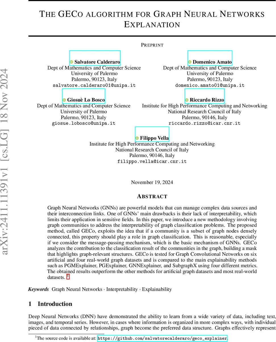 The GECo algorithm for Graph Neural Networks Explanation