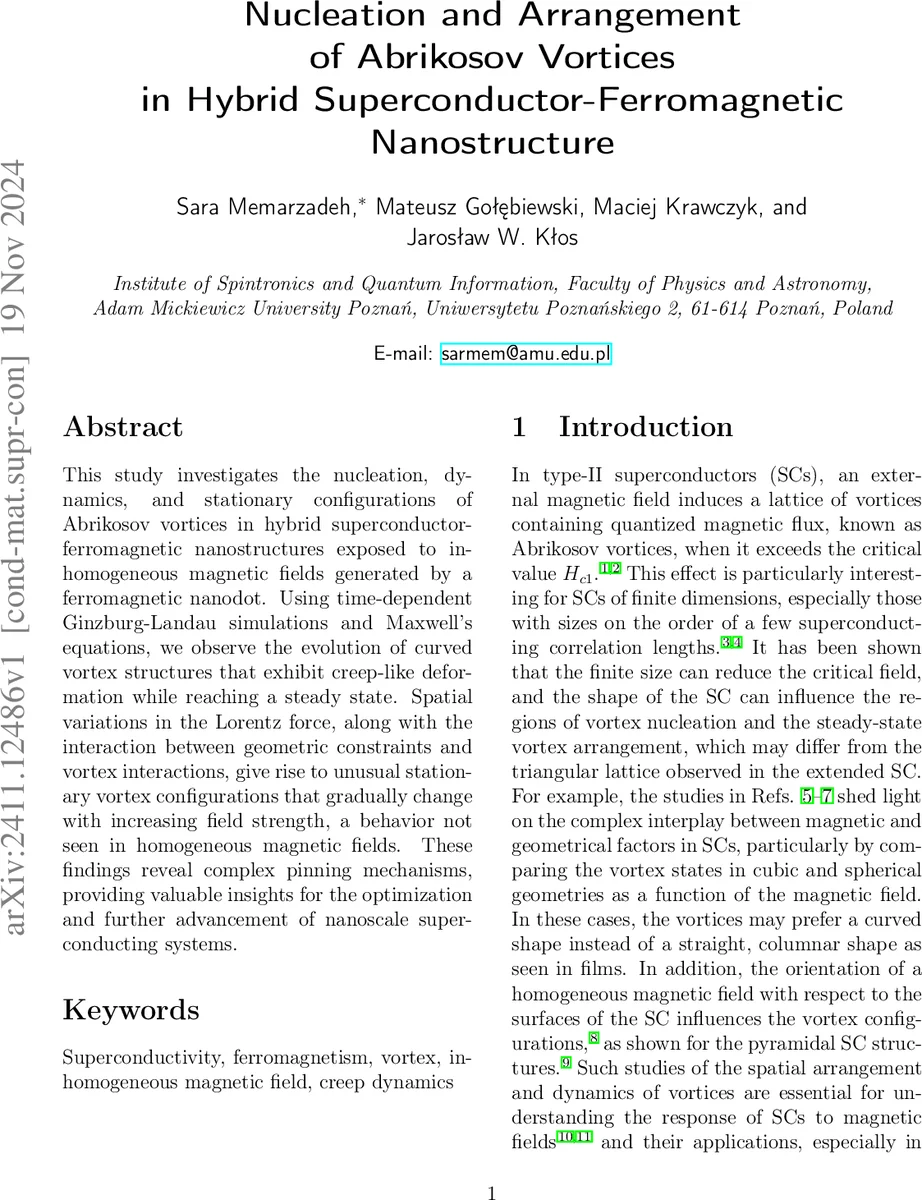 Nucleation and Arrangement of Abrikosov Vortices in Hybrid Superconductor-Ferromagnetic Nanostructure