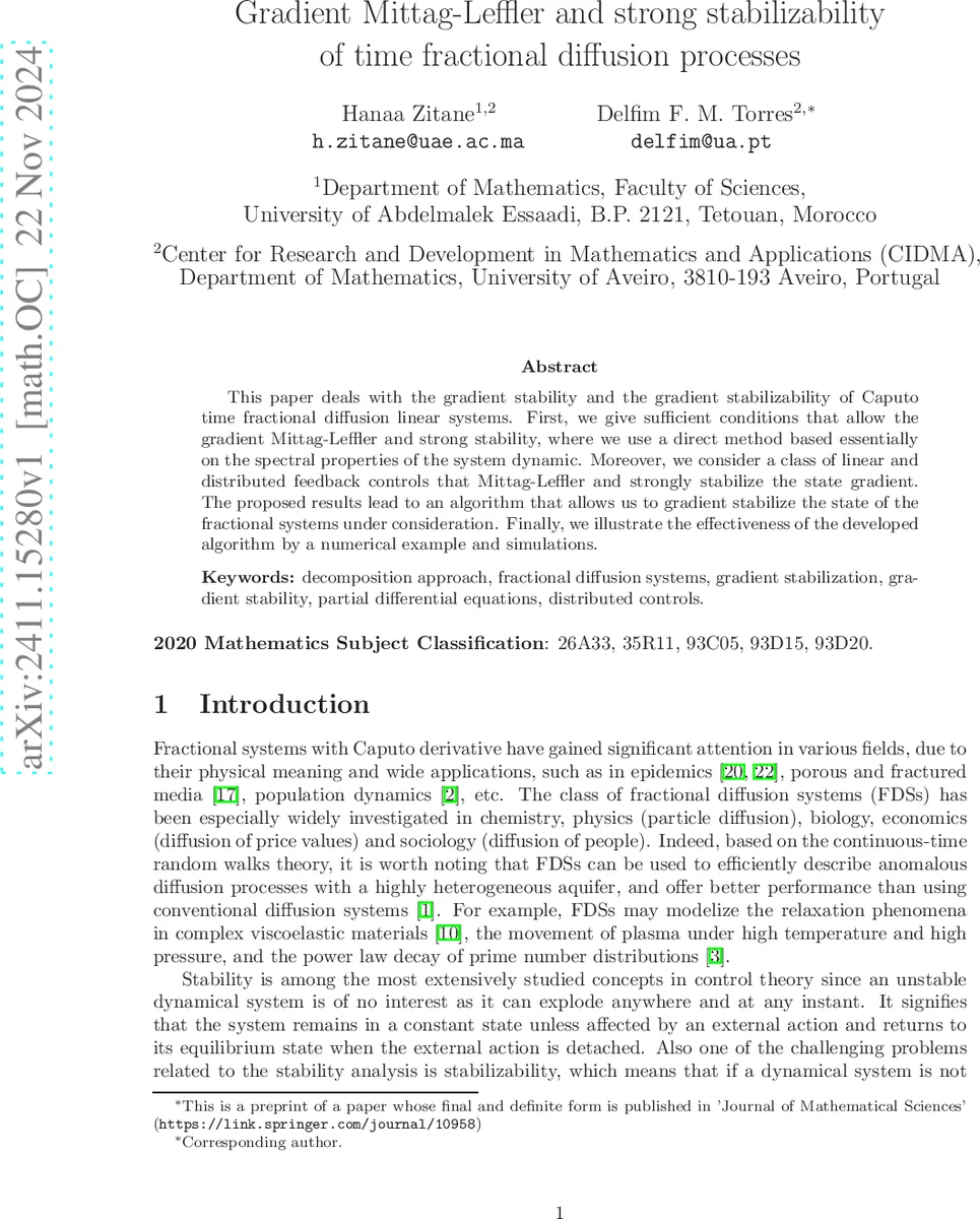 Gradient Mittag-Leffler and strong stabilizability of time fractional diffusion processes