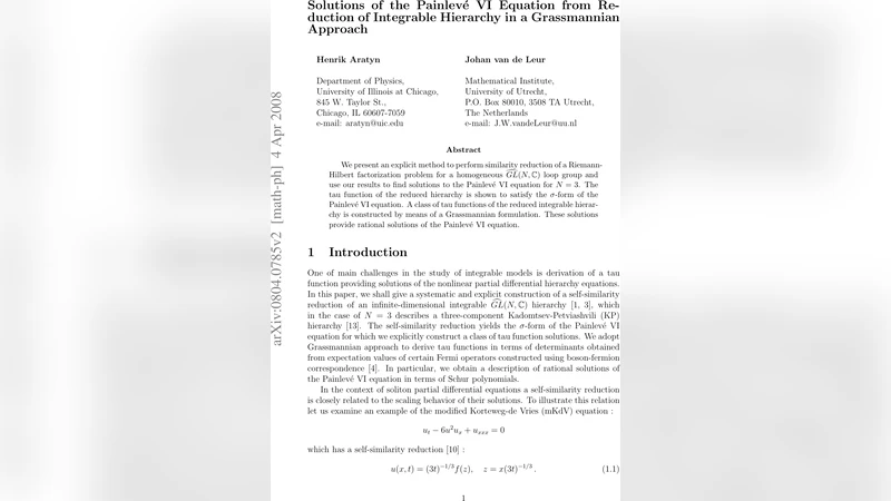 Solutions of the Painleve VI Equation from Reduction of Integrable   Hierarchy in a Grassmannian Approach