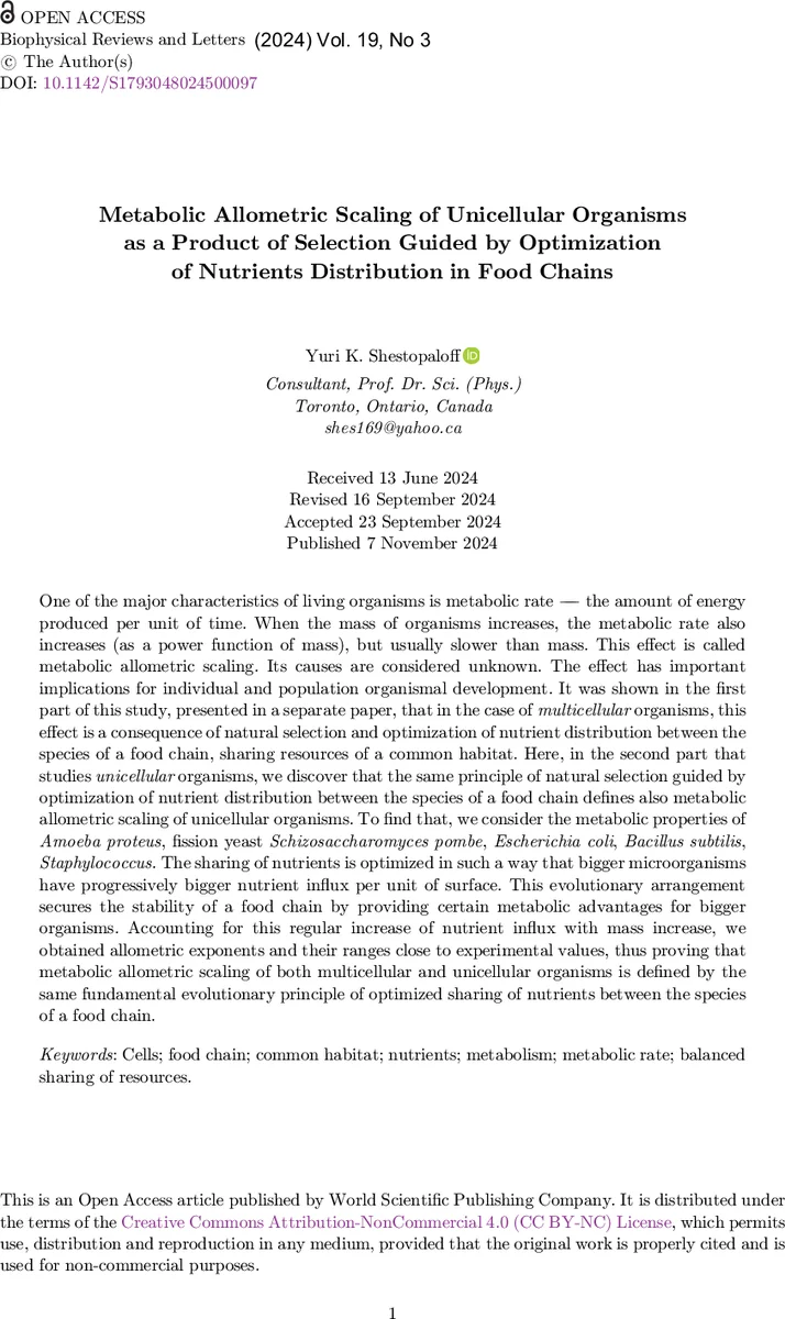 Metabolic Allometric Scaling of Unicellular Organisms as a Product of   Selection Guided by Optimization of Nutrients Distribution in Food Chains