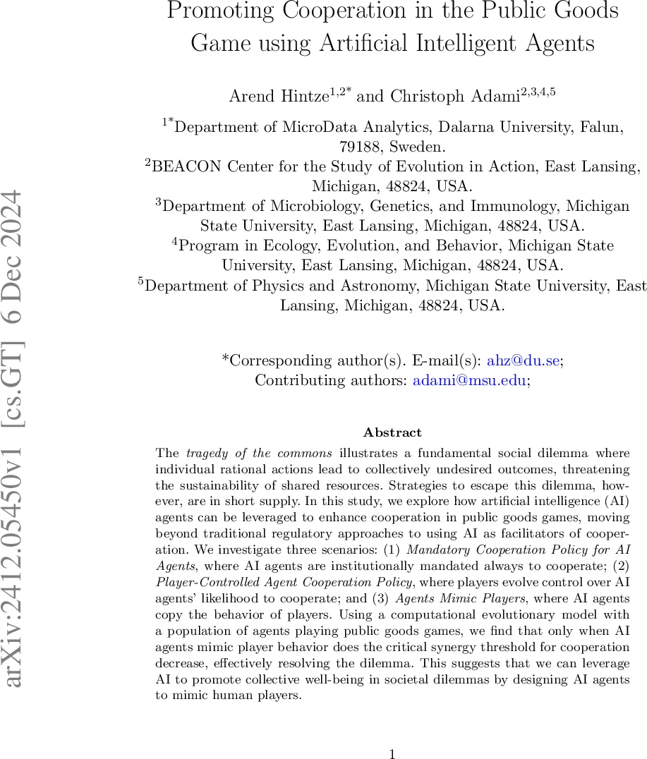 Promoting Cooperation in the Public Goods Game using Artificial Intelligent Agents