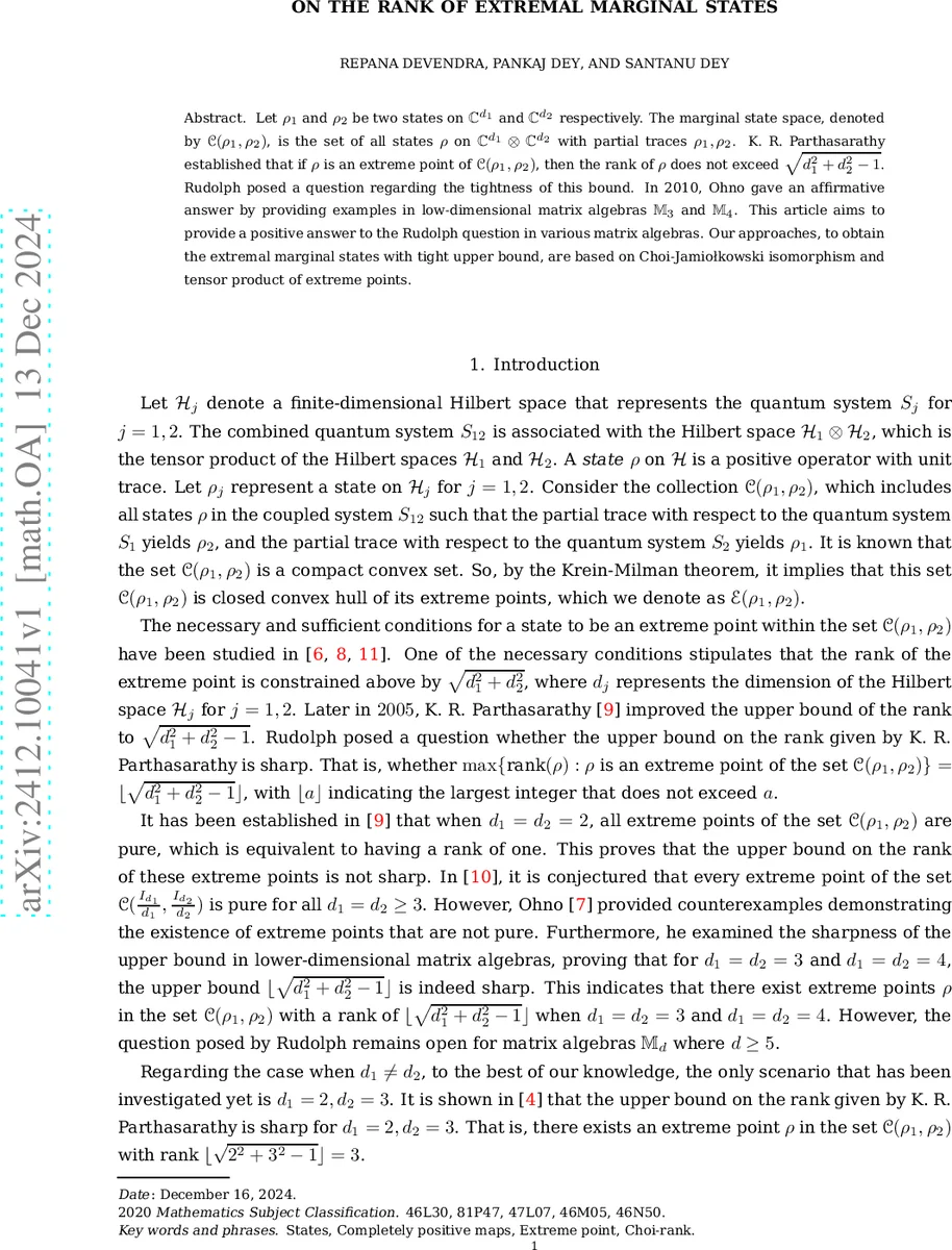 On the rank of extremal marginal states