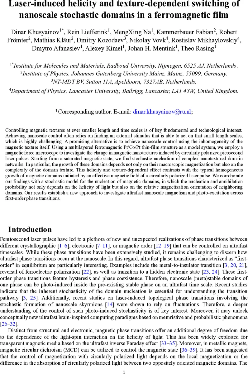 Laser-induced helicity and texture-dependent switching of nanoscale stochastic domains in a ferromagnetic film