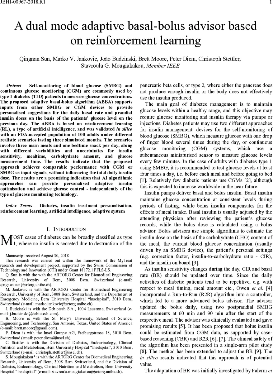 A dual mode adaptive basal-bolus advisor based on reinforcement learning