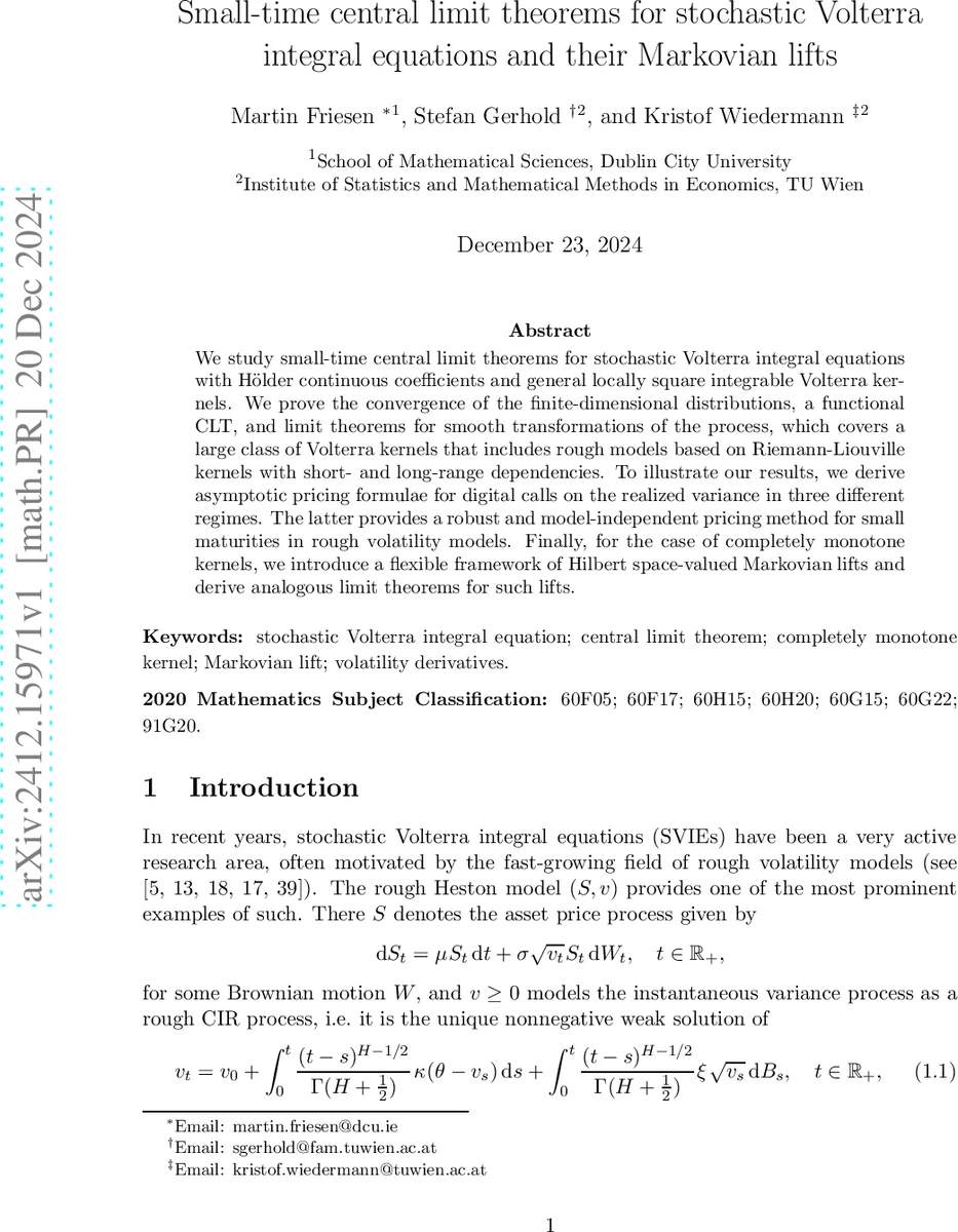 Small-time central limit theorems for stochastic Volterra integral equations and their Markovian lifts
