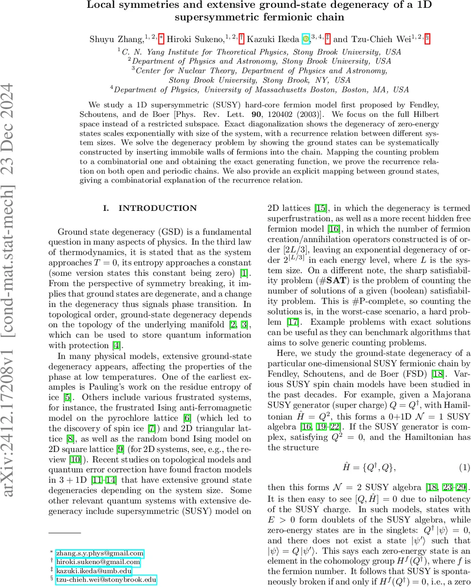 Local symmetries and extensive ground-state degeneracy of a 1D supersymmetric fermionic chain