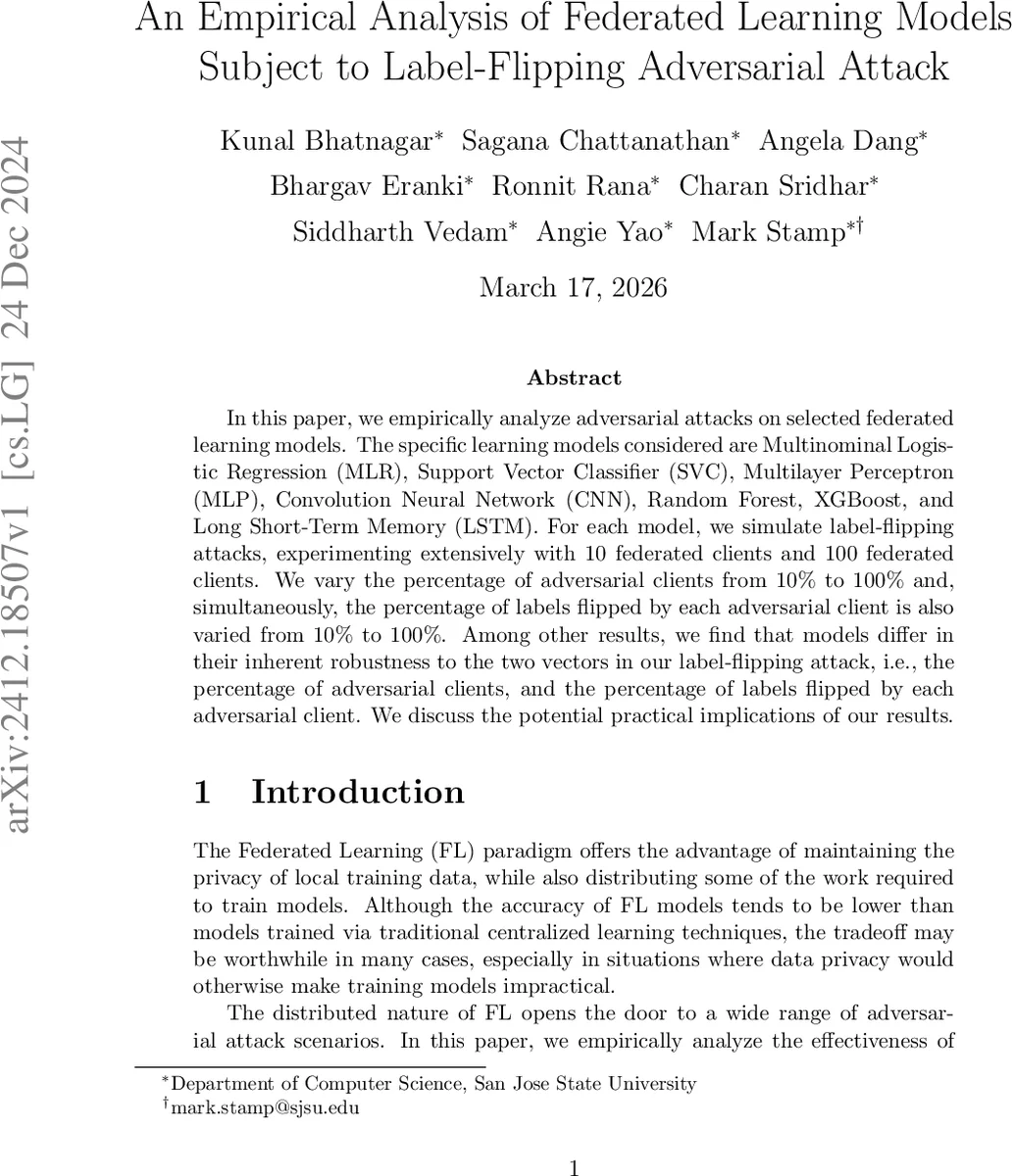 An Empirical Analysis of Federated Learning Models Subject to Label-Flipping Adversarial Attack