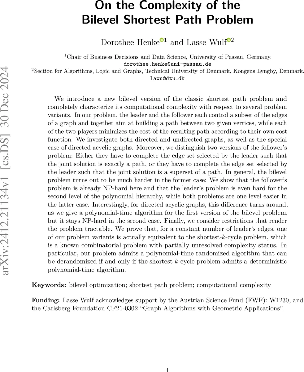 On the Complexity of the Bilevel Shortest Path Problem