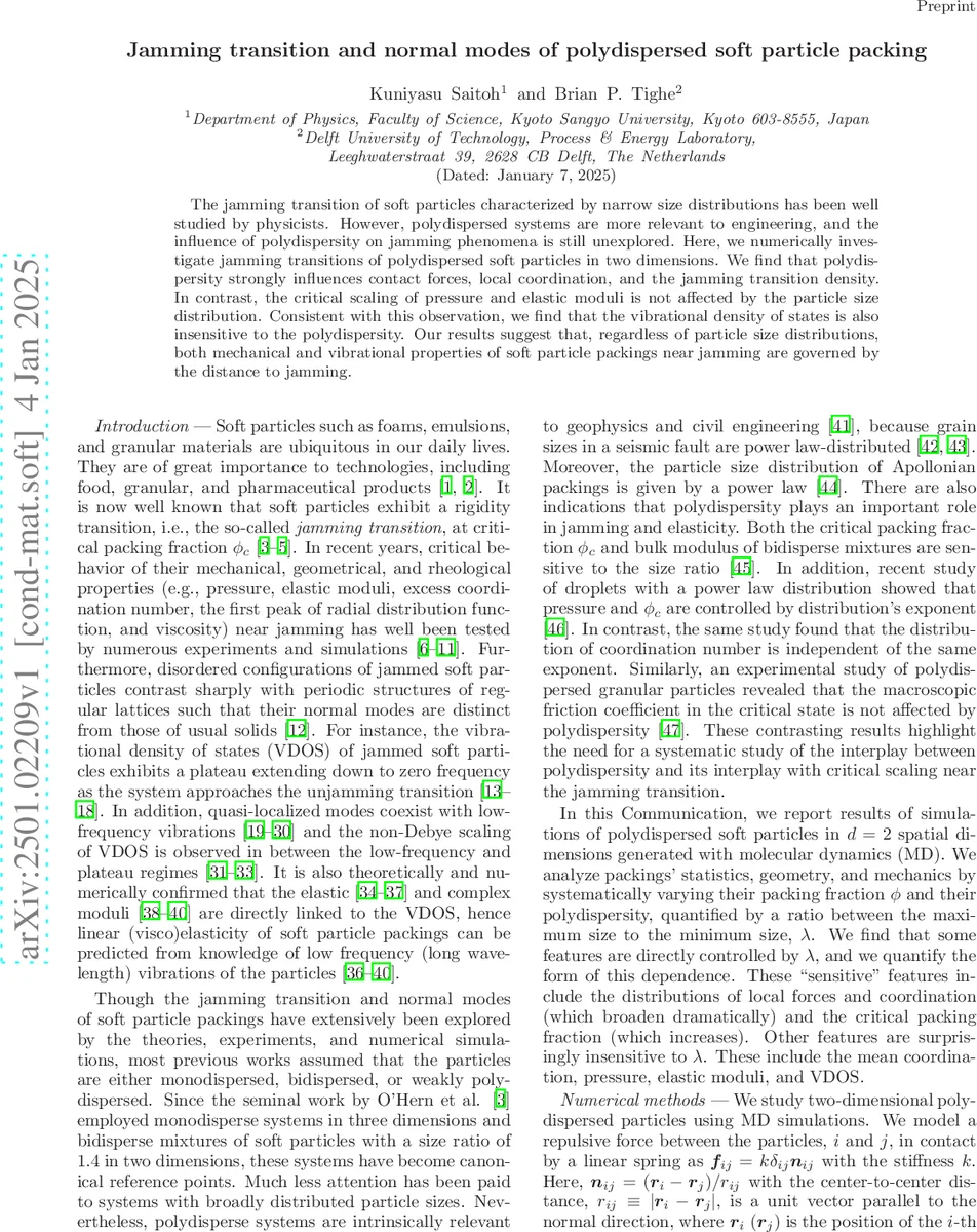 Jamming transition and normal modes of polydispersed soft particle packing
