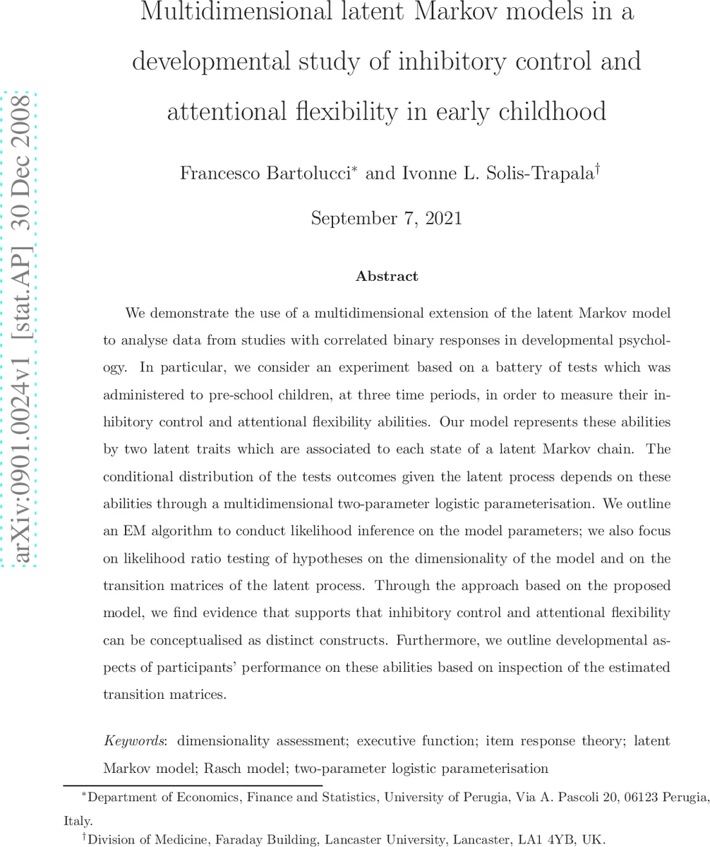 Multidimensional latent Markov models in a developmental study of   inhibitory control and attentional flexibility in early childhood