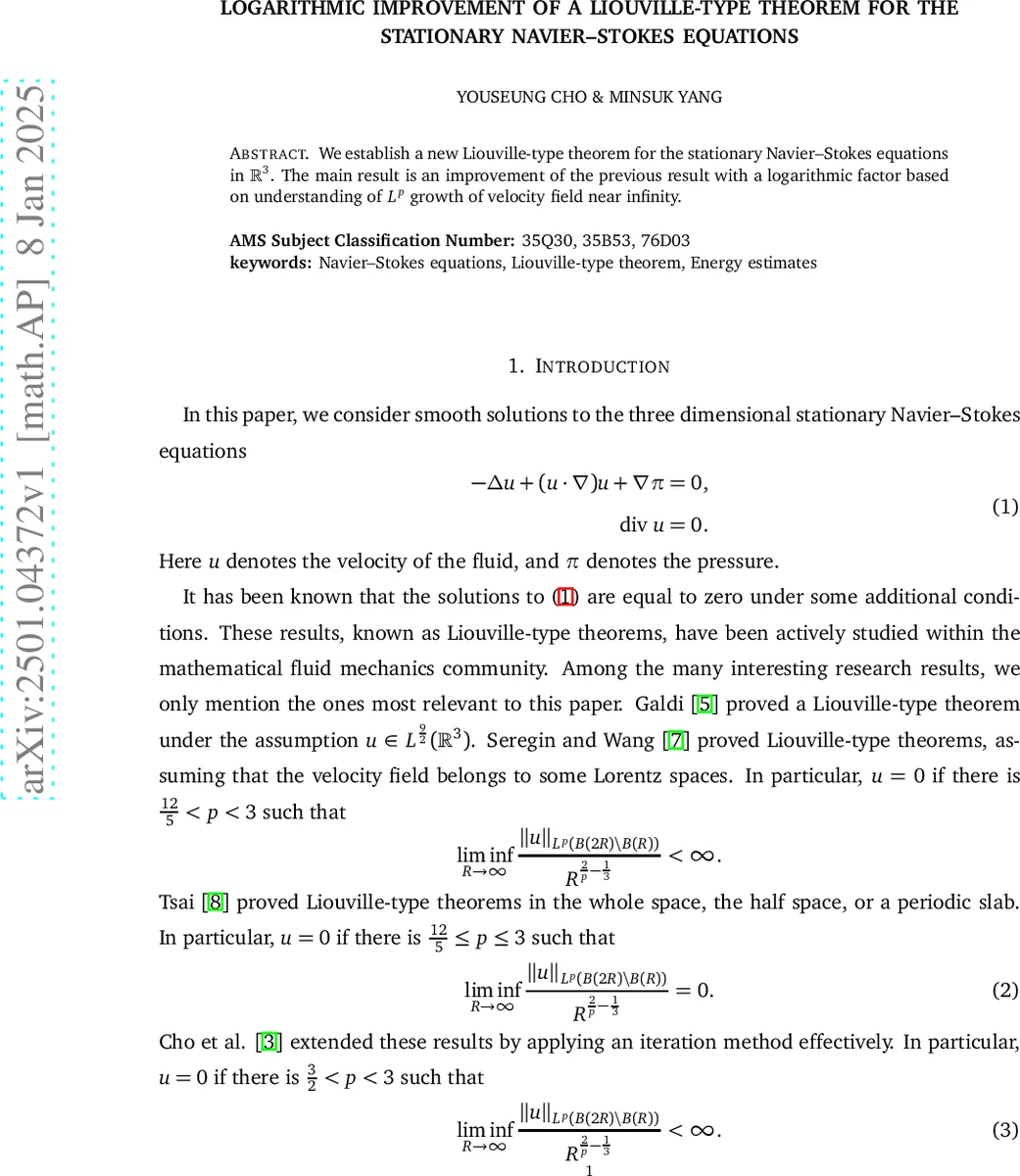 Logarithmic improvement of a Liouville-type theorem for the stationary Navier--Stokes equations