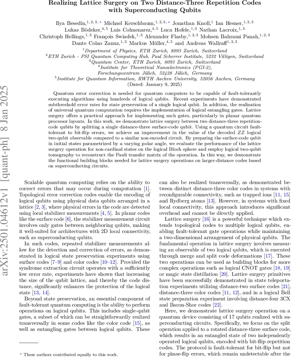 Realizing Lattice Surgery on Two Distance-Three Repetition Codes with Superconducting Qubits