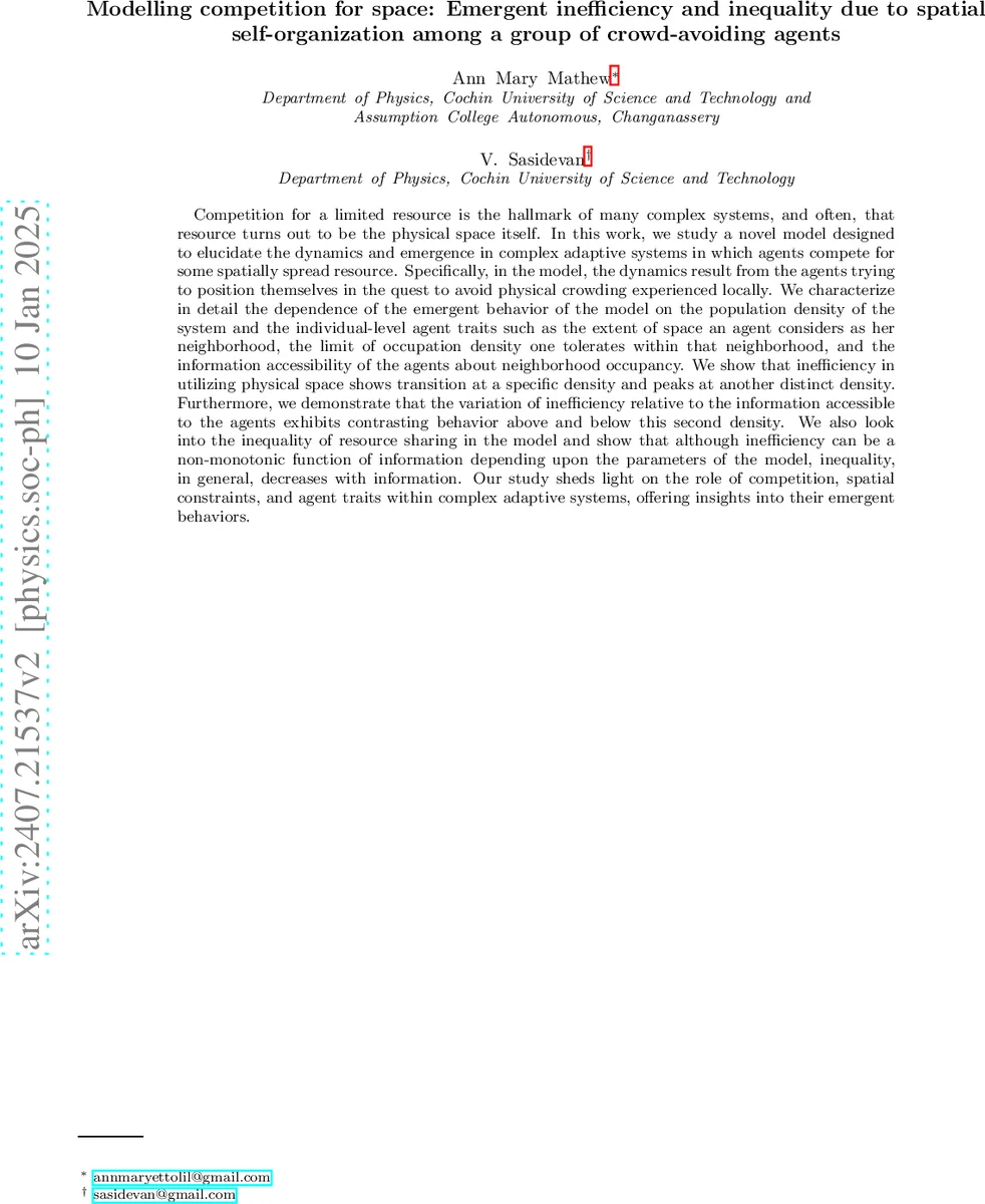 Modelling competition for space: Emergent inefficiency and inequality due to spatial self-organization among a group of crowd-avoiding agents