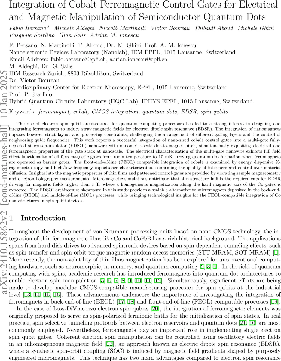 Integration of Cobalt Ferromagnetic Control Gates for Electrical and Magnetic Manipulation of Semiconductor Quantum Dots