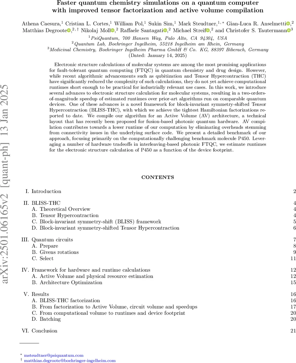 Faster quantum chemistry simulations on a quantum computer with improved tensor factorization and active volume compilation