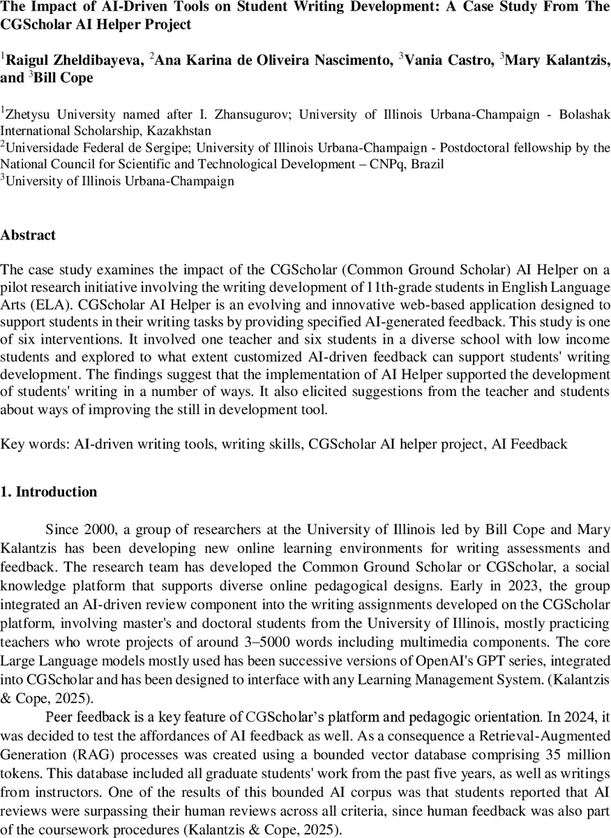 The Impact of AI-Driven Tools on Student Writing Development: A Case Study From The CGScholar AI Helper Project