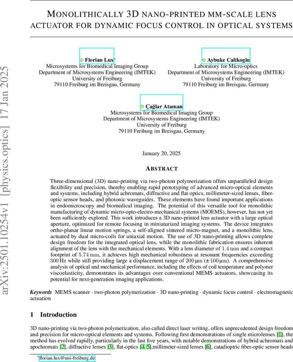 Monolithically 3D nano-printed mm-scale lens actuator for dynamic focus control in optical systems