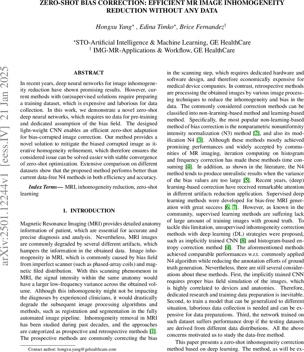 Zero-shot Bias Correction: Efficient MR Image Inhomogeneity Reduction Without Any Data