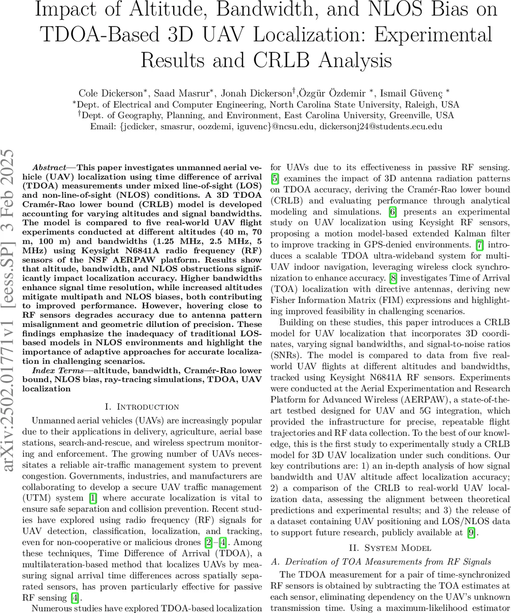 Impact of Altitude, Bandwidth, and NLOS Bias on TDOA-Based 3D UAV Localization: Experimental Results and CRLB Analysis